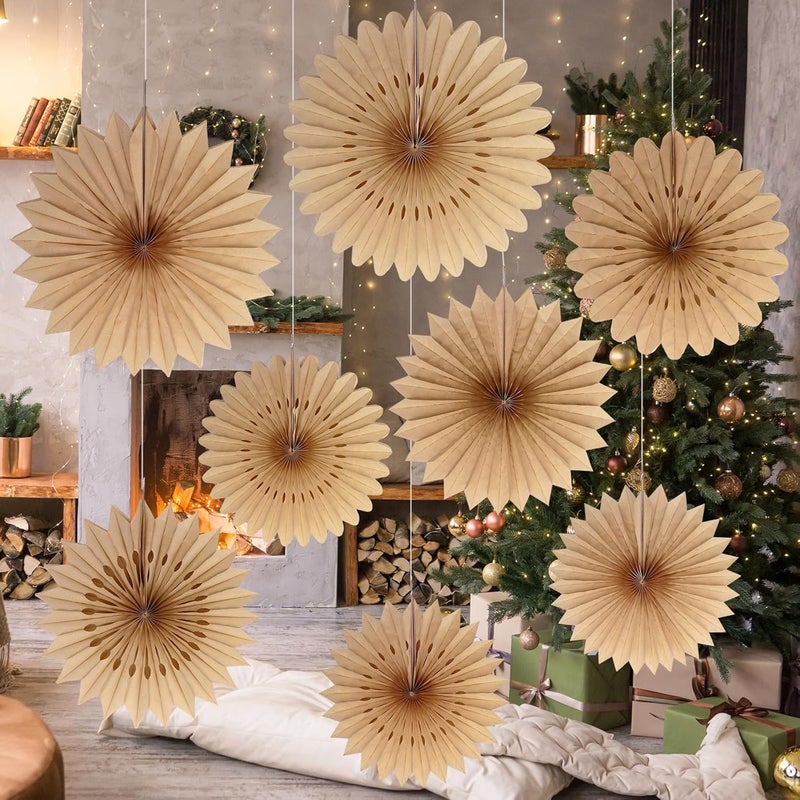 Resholder 9 Pcs Hanging Decorations Large Paper Fans Neutral Paper Fans Hanging Lamp Ornament Kit for Christmas Holiday Party Supplies Home Decorations 10/12/14 Inch(Brown) - Image 5
